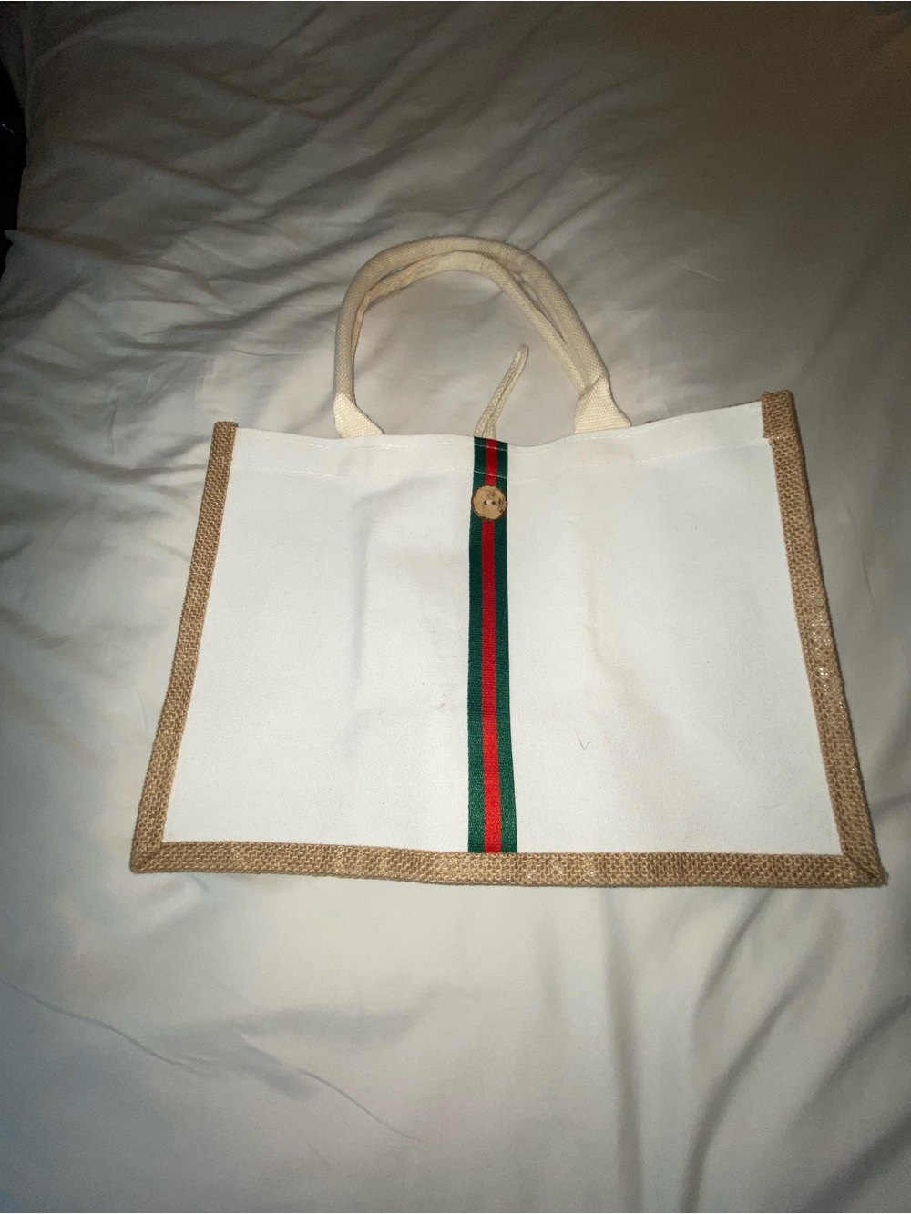 Canvas Tote Bag with Green-Red Stripe - White